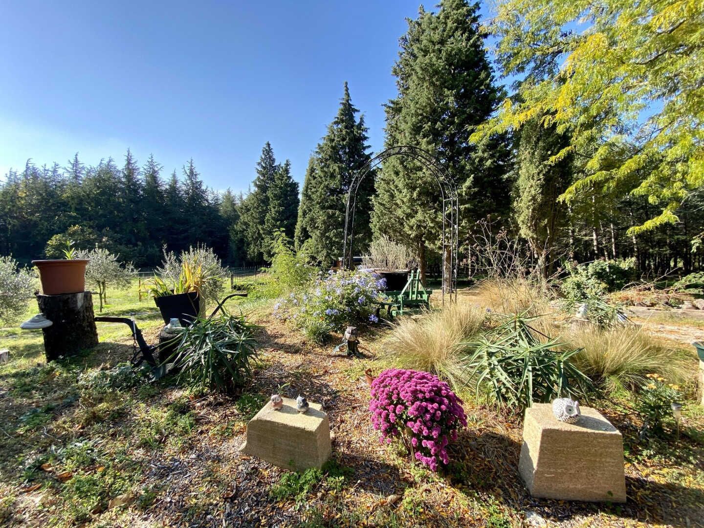 Un jardin agrémenté de plantes en pot, d’une petite statue et d’un banc en pierre.