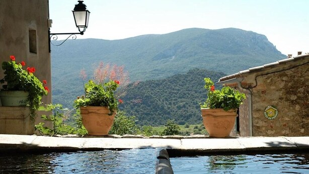 A stone wall with a water feature and potted plants. - Alice - MONTGAILLARD (MONTGAILLARD)