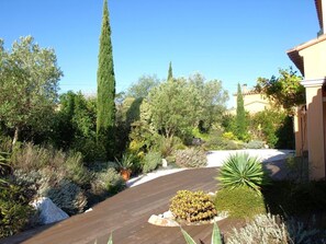 A landscaped garden with a wooden deck, various shrubs, and a tall coniferous tree. - Vista Alegre - FITOU (FITOU)