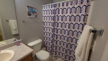 Shower, hair dryer, towels, soap