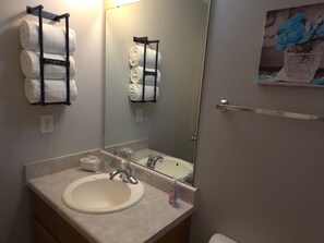 Dusche, Haartrockner, Handtücher, Seife