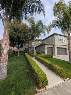 A residential area with a well-maintained lawn, a pathway, and a house with a garage.