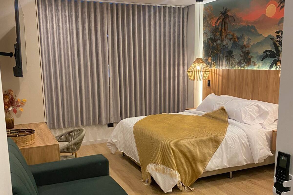 Desk, laptop workspace, blackout curtains, soundproofing