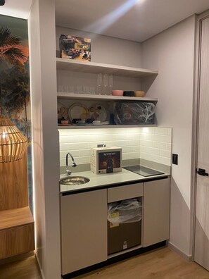 Mini-fridge, microwave, oven, stovetop