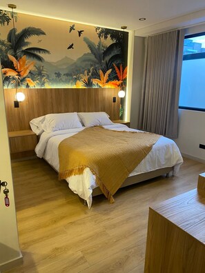 Desk, laptop workspace, blackout curtains, soundproofing