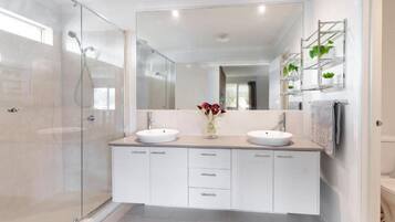 Hair dryer, towels, soap, toilet paper