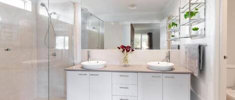 Hair dryer, towels, soap, toilet paper