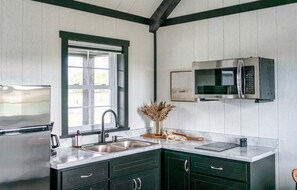 Fridge, microwave, stovetop, coffee/tea maker