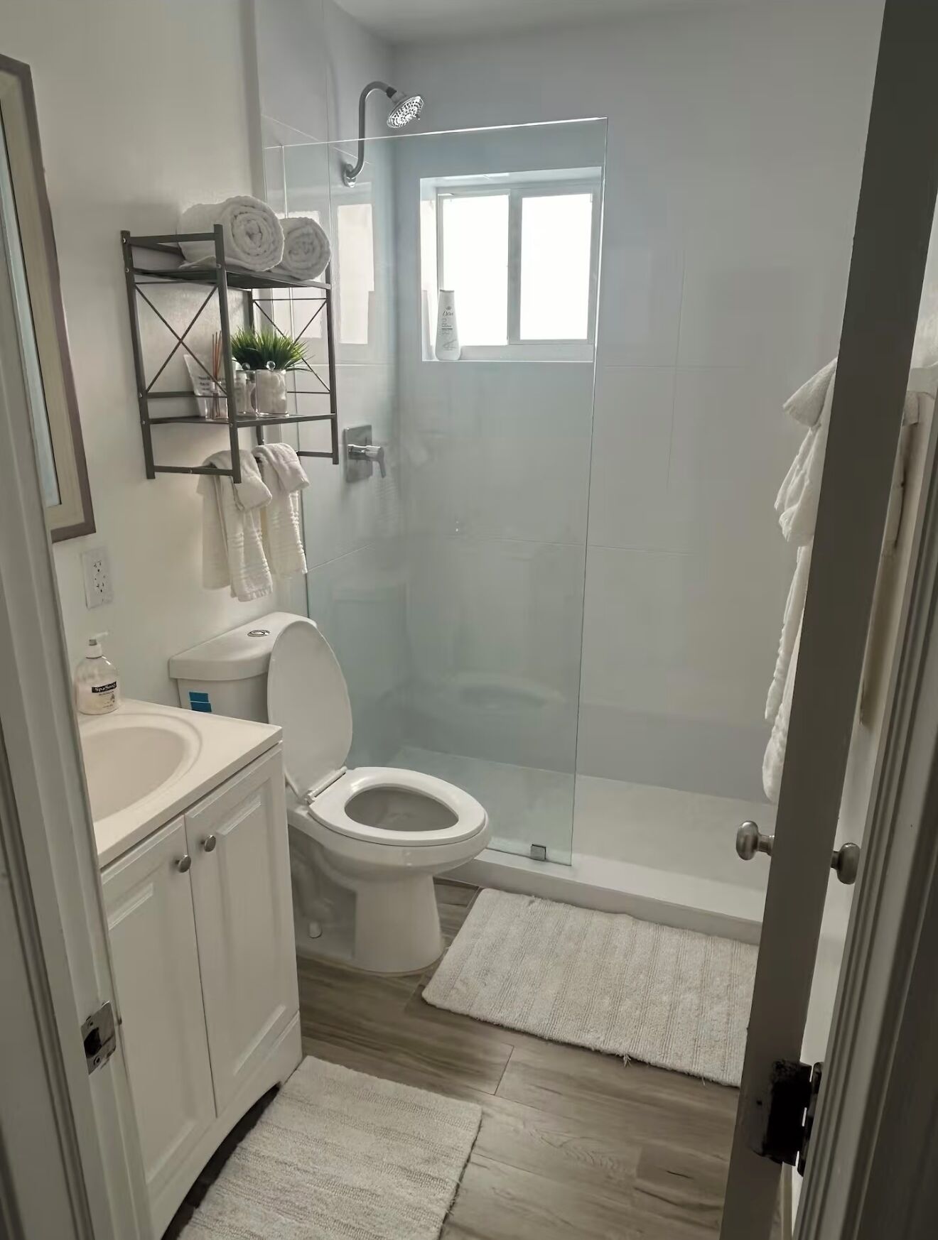 Hair dryer, towels, soap