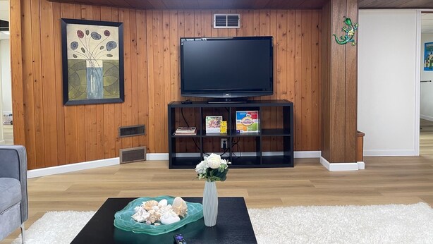 En stue med trævægge, et fladskærms-tv, en reol og en dekorativ vase med blomster.