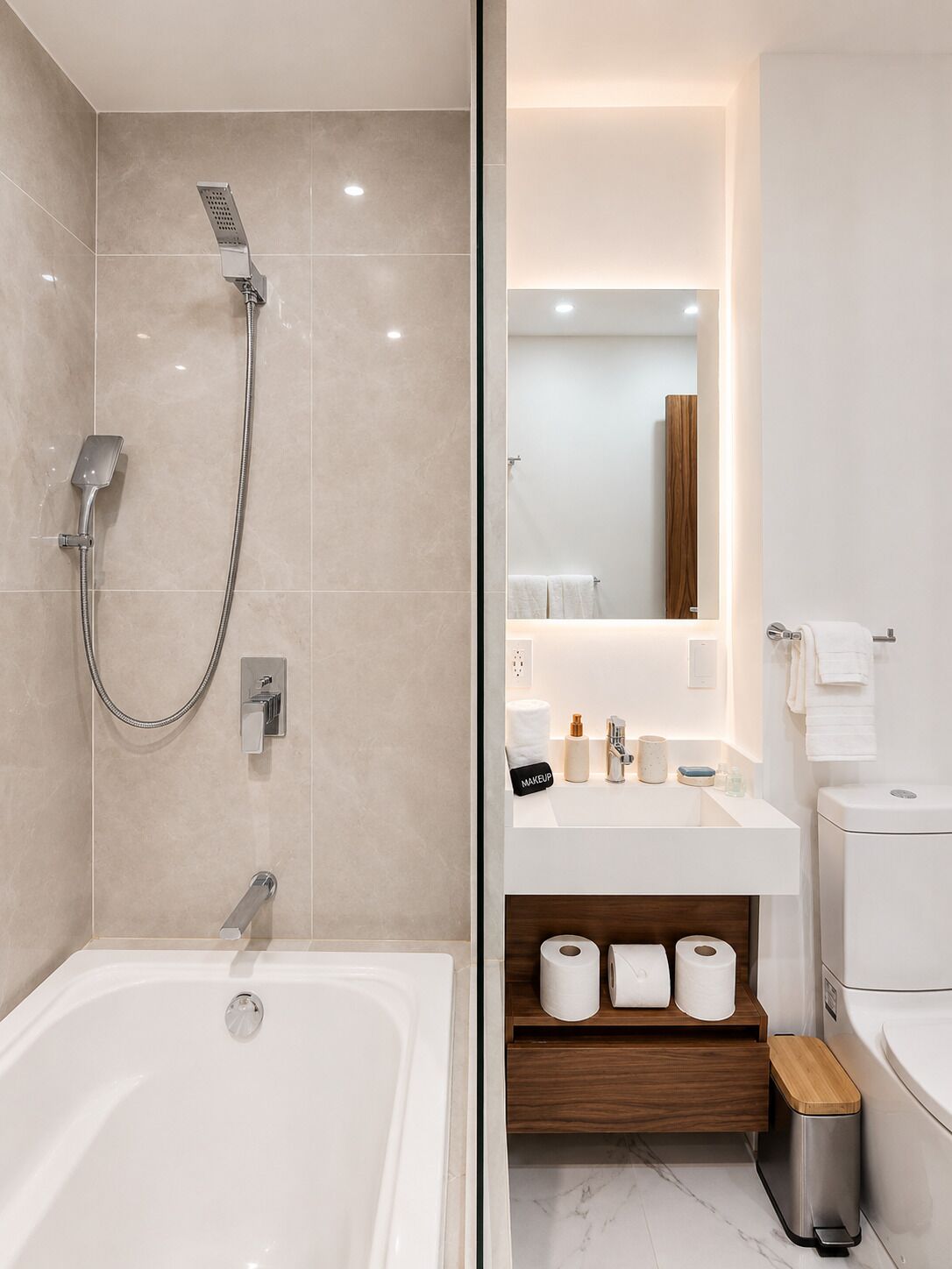 A modern bathroom with a bathtub, shower, and vanity.