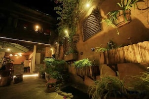 Un patio con plantas en macetas y un edificio con techo de paja.