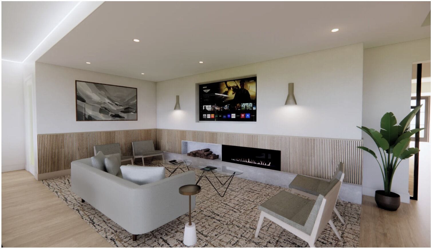 Una sala de estar moderna con un sofá, sillones, una chimenea y un televisor de pantalla plana grande montado en la pared.