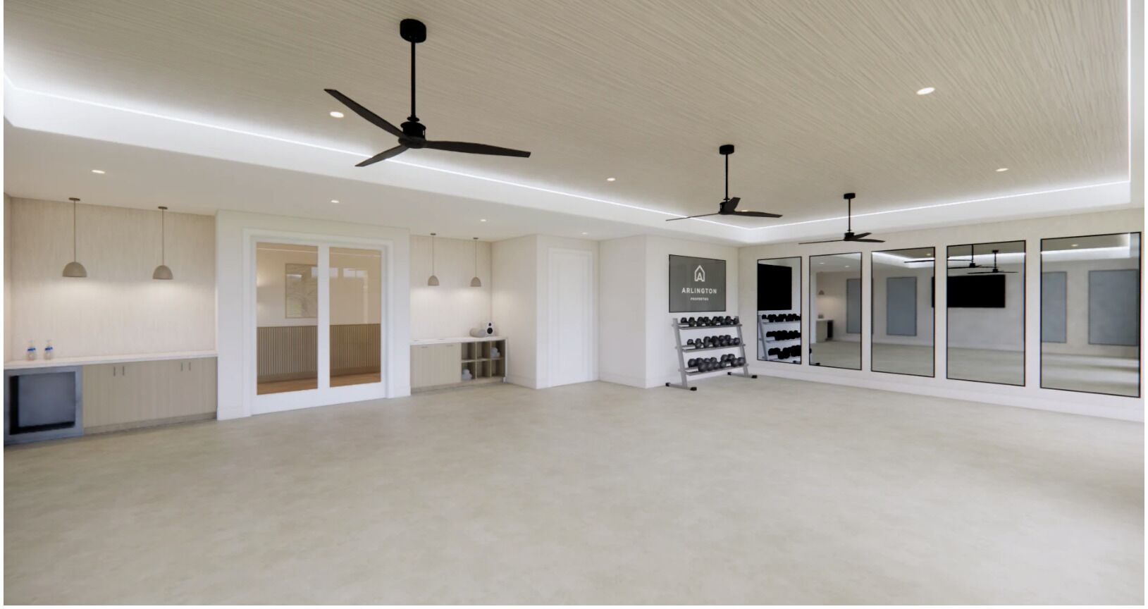 A spacious room with ceiling fans, a shoe rack, and a large mirror.