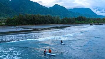 A river with kayaks, surrounded by mountains and trees.