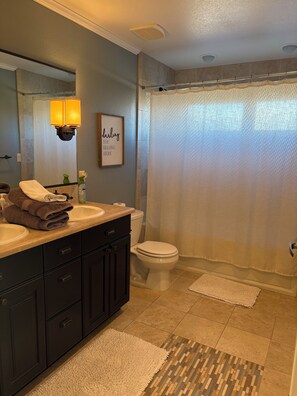 Regadera, secadora de cabello, toallas, jabón 