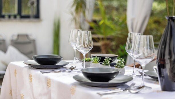 A table set for dining with black and white plates, bowls, and wine glasses, surrounded by small potted plants. - AlbGlück 2, Hechingen, 1–7 people, castle 5 km away (Hechingen)