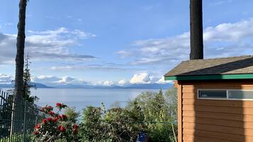 Eine kleine Holzhütte mit Blick auf einen See und Berge in der Ferne.