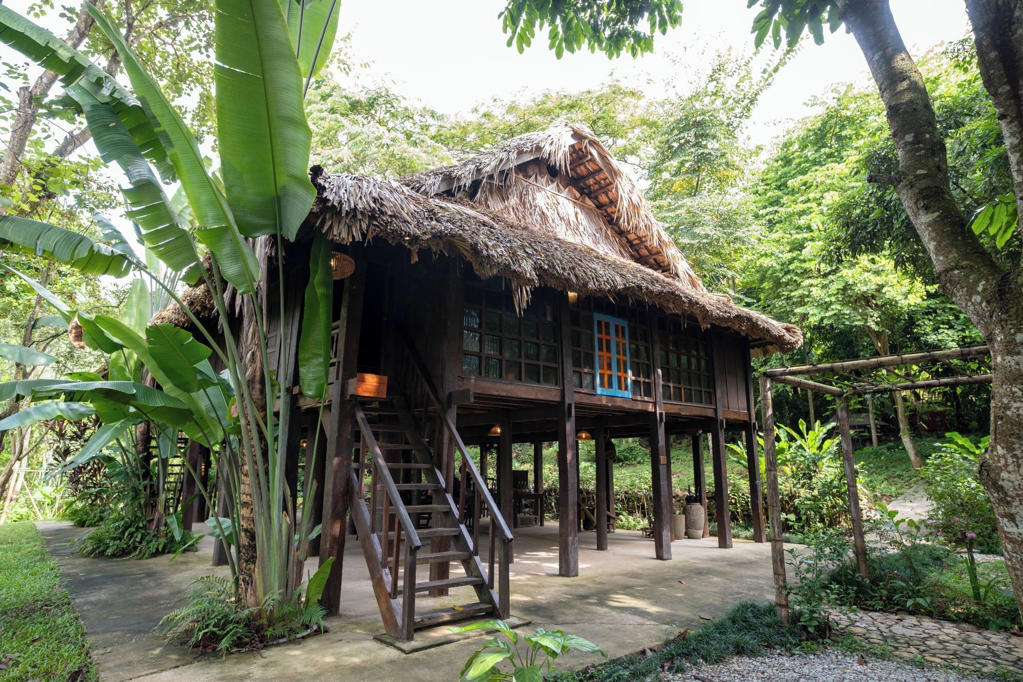 A wooden structure with a thatched roof, surrounded by lush greenery.