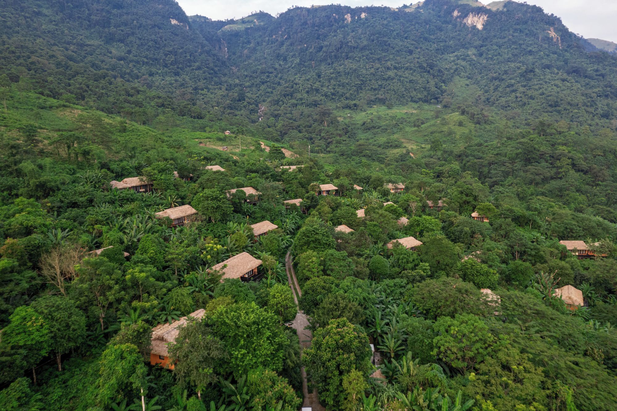 A rural village with thatched-roof houses surrounded by dense greenery and hills.