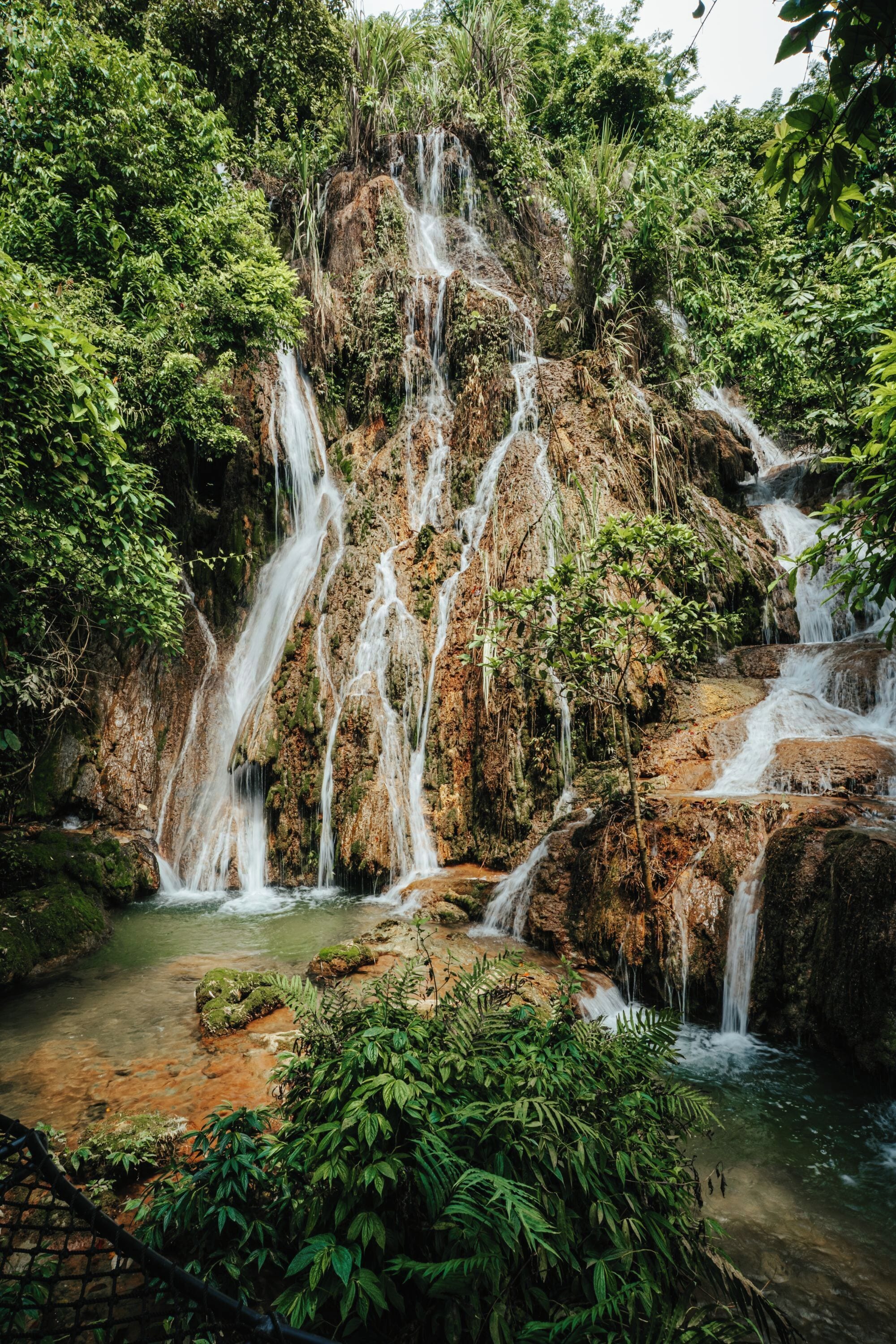 Uma cascata natural cercada por vegetação densa.