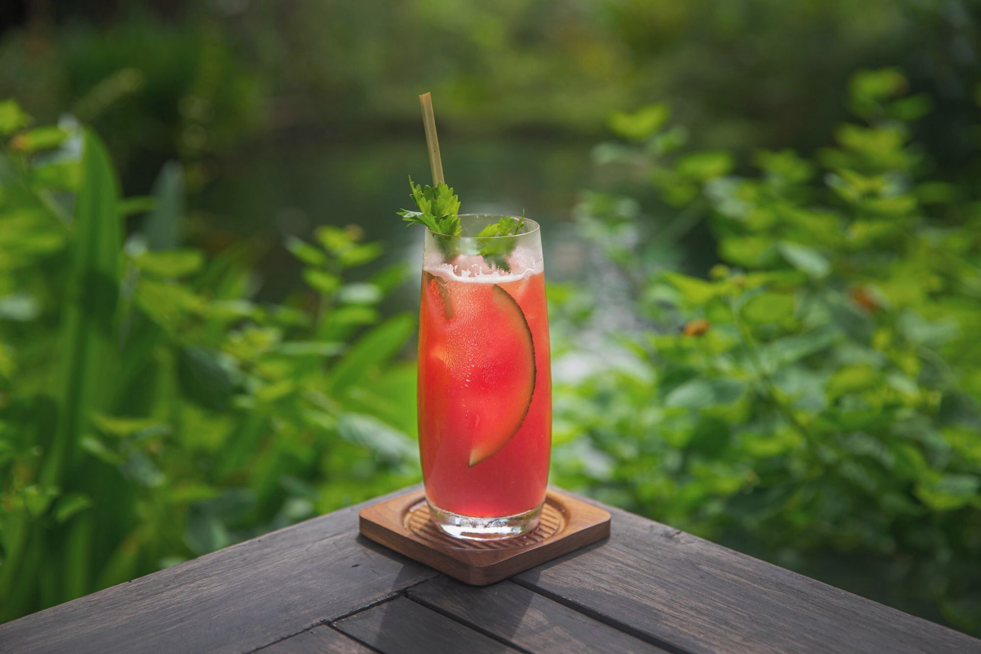 A tall glass of red beverage with a slice of lime and a mint garnish on a wooden coaster.