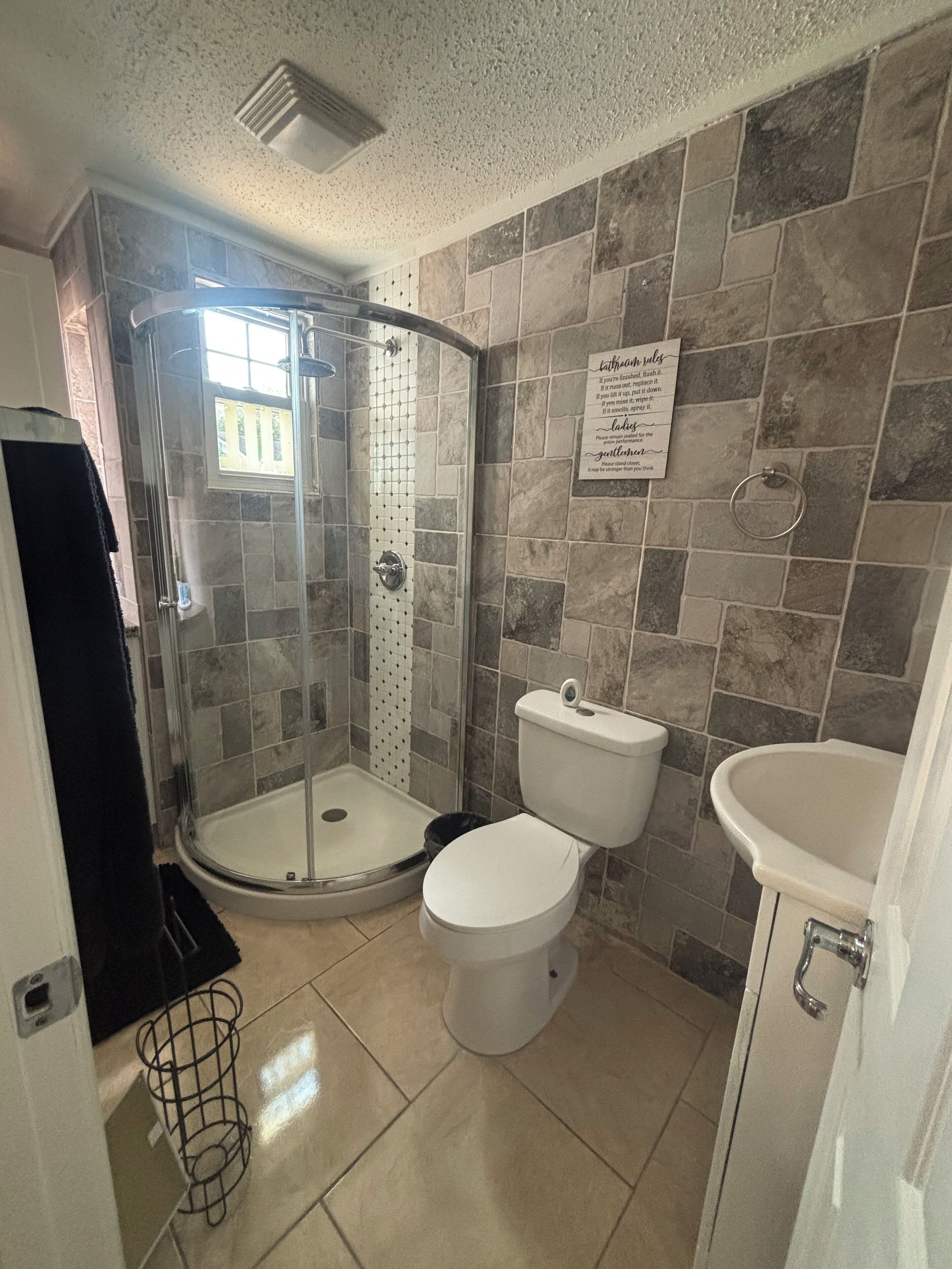 Hair dryer, towels, soap, toilet paper