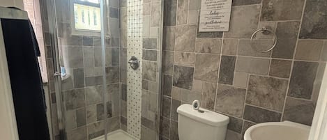 Hair dryer, towels, soap, toilet paper