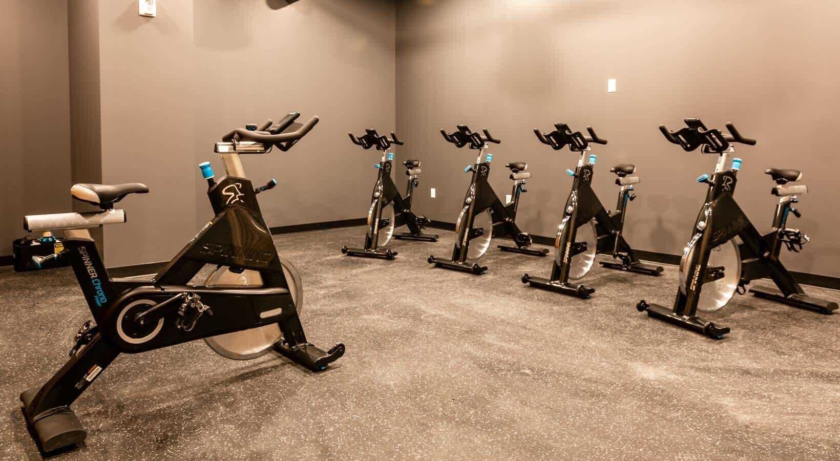 A row of stationary bikes in a room with a carpeted floor and plain walls.