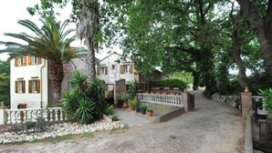 A gravel driveway leading to a white building with wooden shutters, surrounded by lush greenery and potted plants. - La tramontane - ELNE (ELNE)