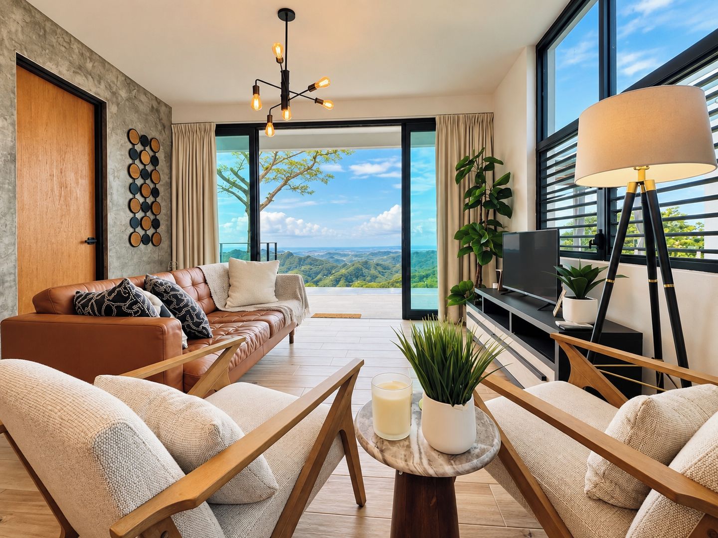 Ein modernes Wohnzimmer mit großem Fenster, einer Couch, einem Couchtisch und einem Fernseher.
