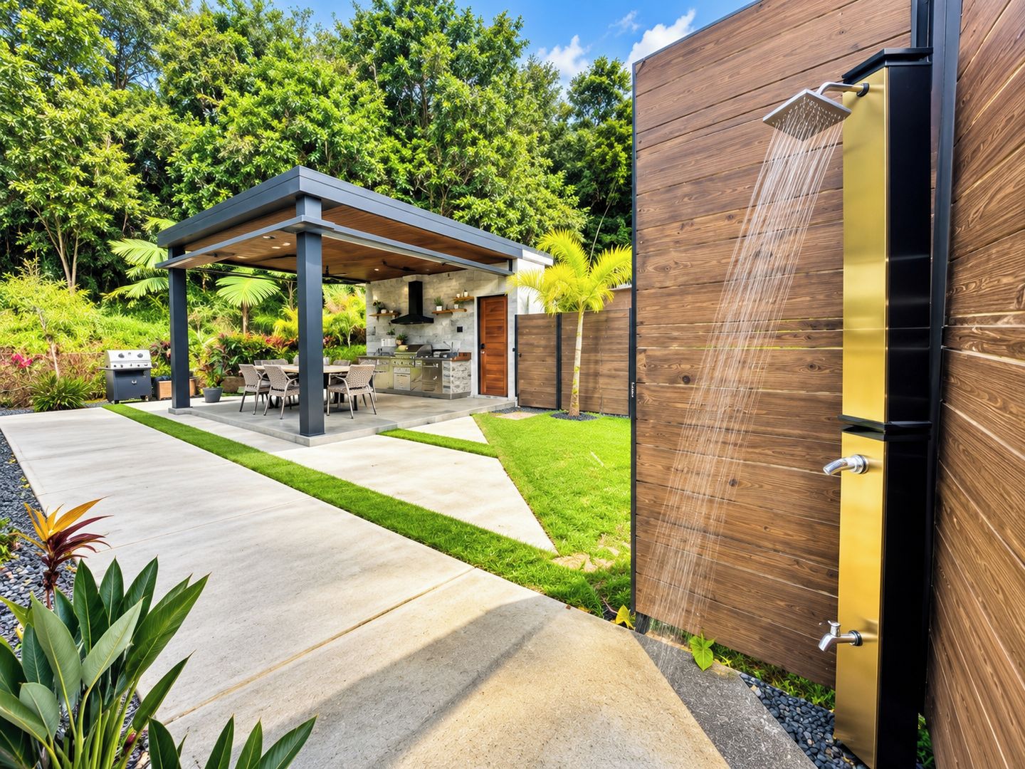 A modern outdoor kitchen area with a built-in grill, dining table, and chairs, surrounded by a well-maintained lawn and a wooden fence.