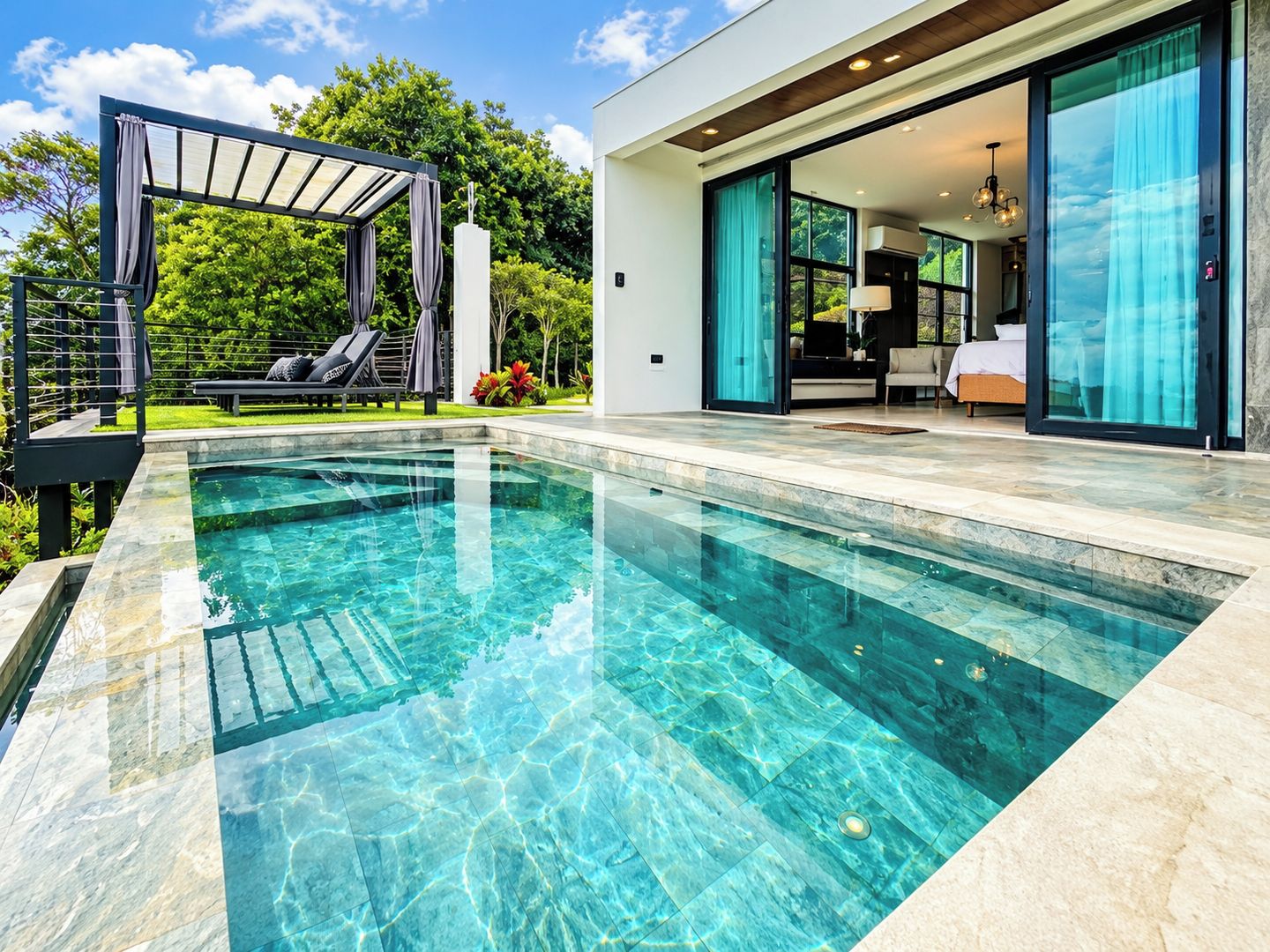 A modern outdoor swimming pool with clear water, surrounded by a well-maintained garden and a contemporary house with large windows.