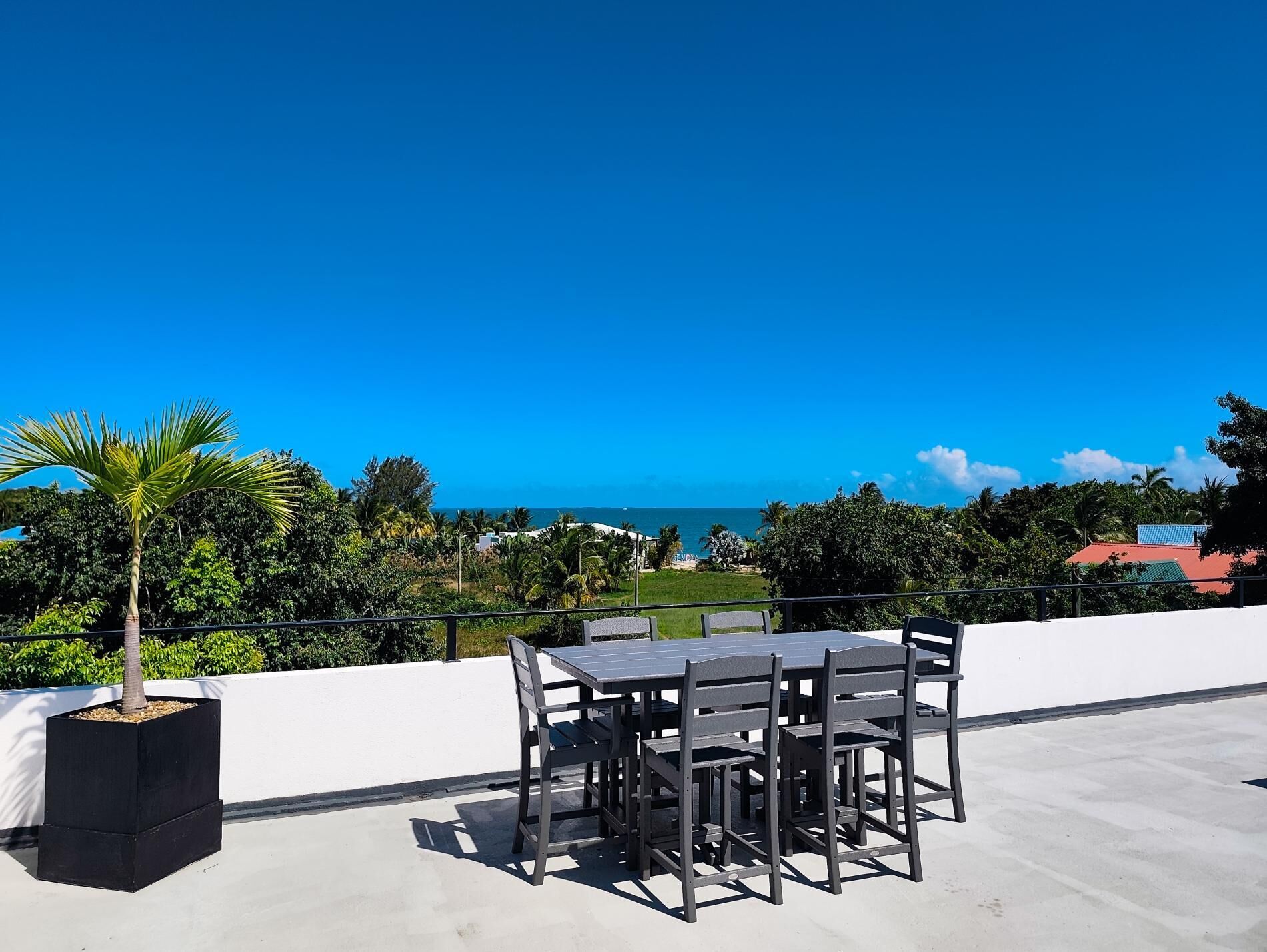 A rooftop terrace with a table and chairs, a potted plant, and a view of the ocean.