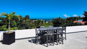 Une terrasse sur le toit, avec une table et des chaises, un pot de fleurs et une vue sur l’océan.