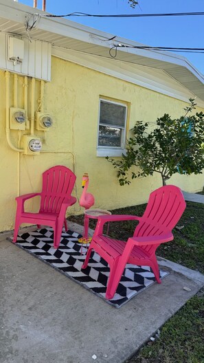 Terrace/patio - Penguins on the Beach | 1BR Beach Shack Steps to Beach & Downtown w/pool | Unit C (Cocoa Beach)
