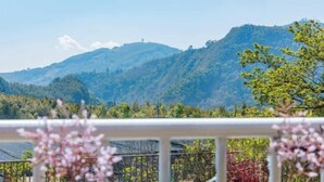 Paisatge de muntanya amb cel serè, una valla blanca i algunes plantes amb flors al primer pla.
