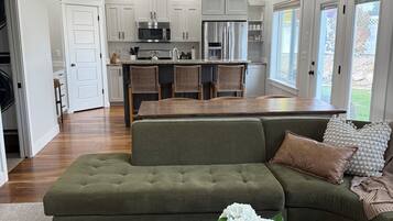 Smart TV, fireplace, foosball