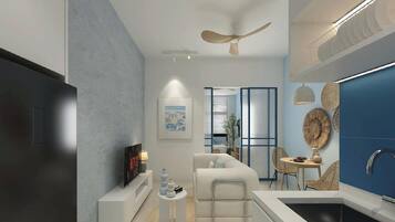 Suite Premium | Cocina privada | Refrigerador con congelador, parrilla de estufa y utensilios de cocina