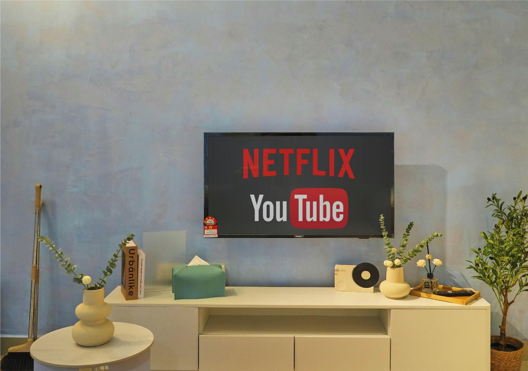 Un téléviseur fixé au mur affiche les logos de Netflix et de YouTube.