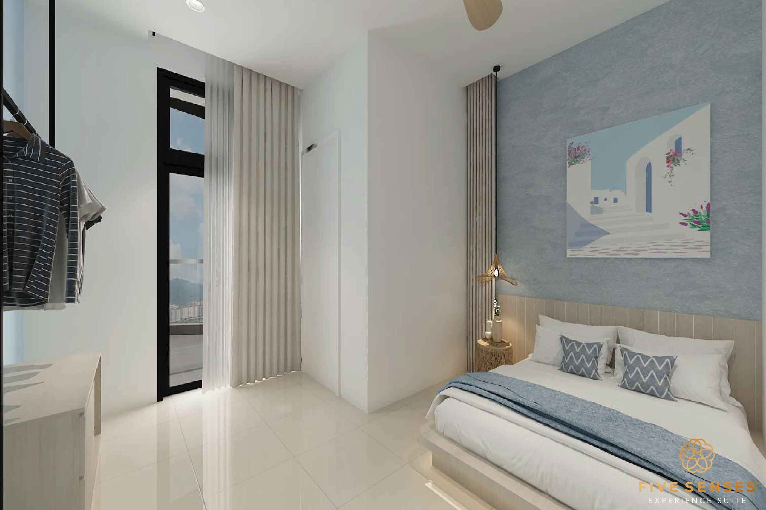 Une chambre à coucher moderne avec un lit, un tableau et une vue par la fenêtre.
