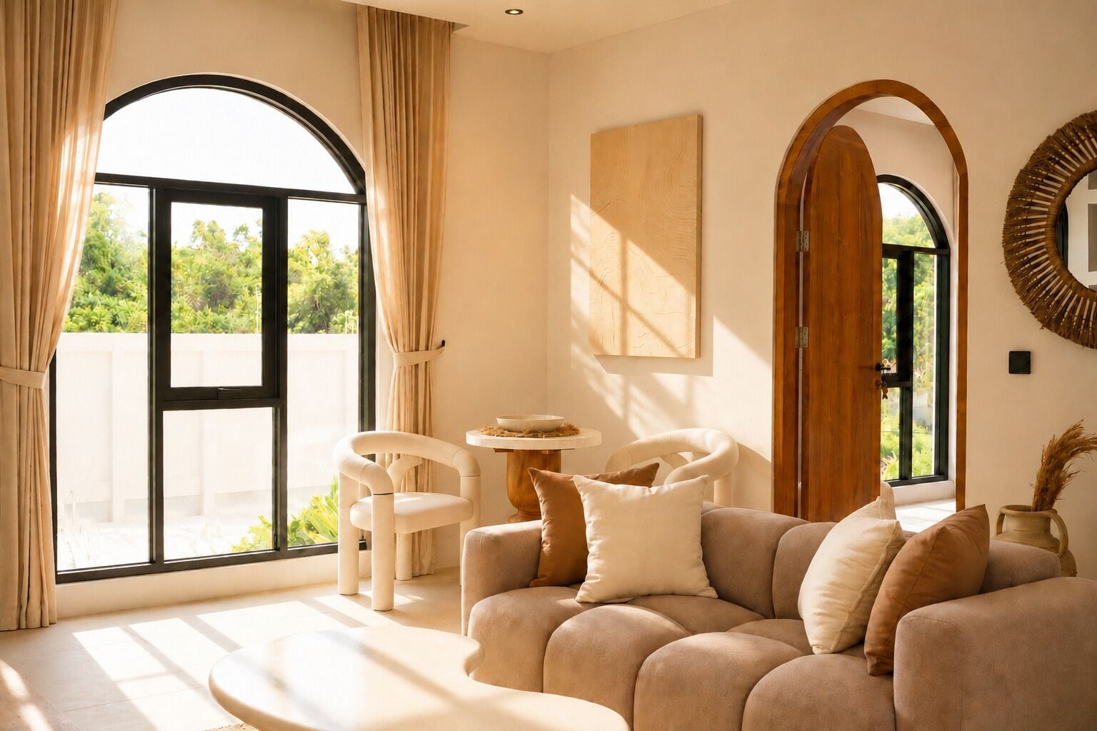 A modern living room with a sofa, two chairs, a small round table, and large windows.