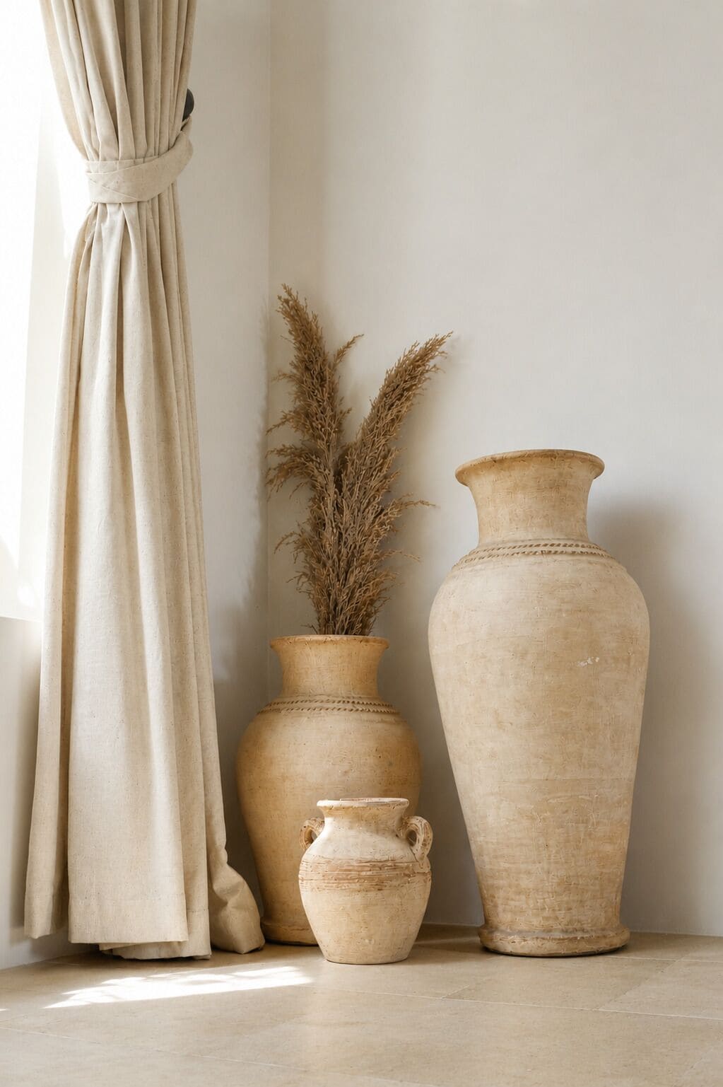 Una stanza con una grande finestra, un sipario e tre vasi in ceramica di diverse dimensioni.