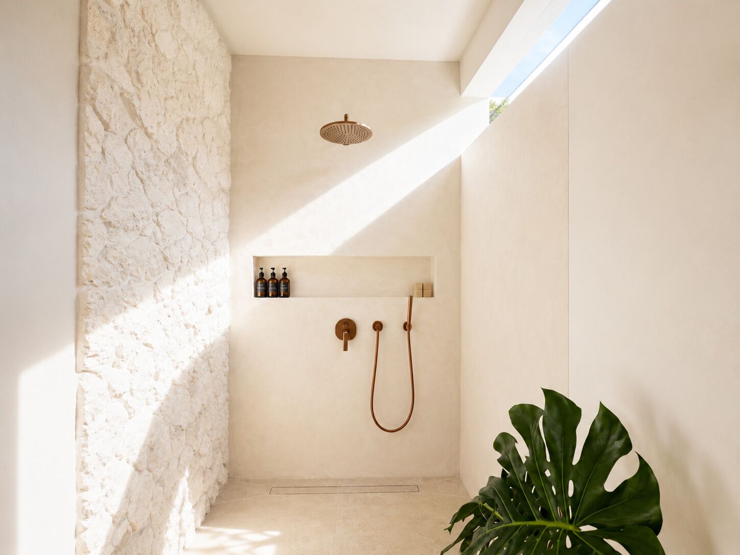Eine moderne Dusche mit Regendusche, Ablage für Toilettenartikel und einer großen Pflanze.