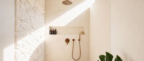 Eine moderne Dusche mit Regendusche, Ablage für Toilettenartikel und einer großen Pflanze.