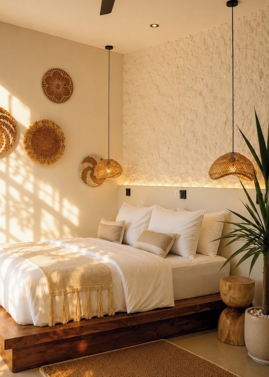 A bedroom with a bed, bedside tables, a hanging light fixture, and a wall-mounted light.