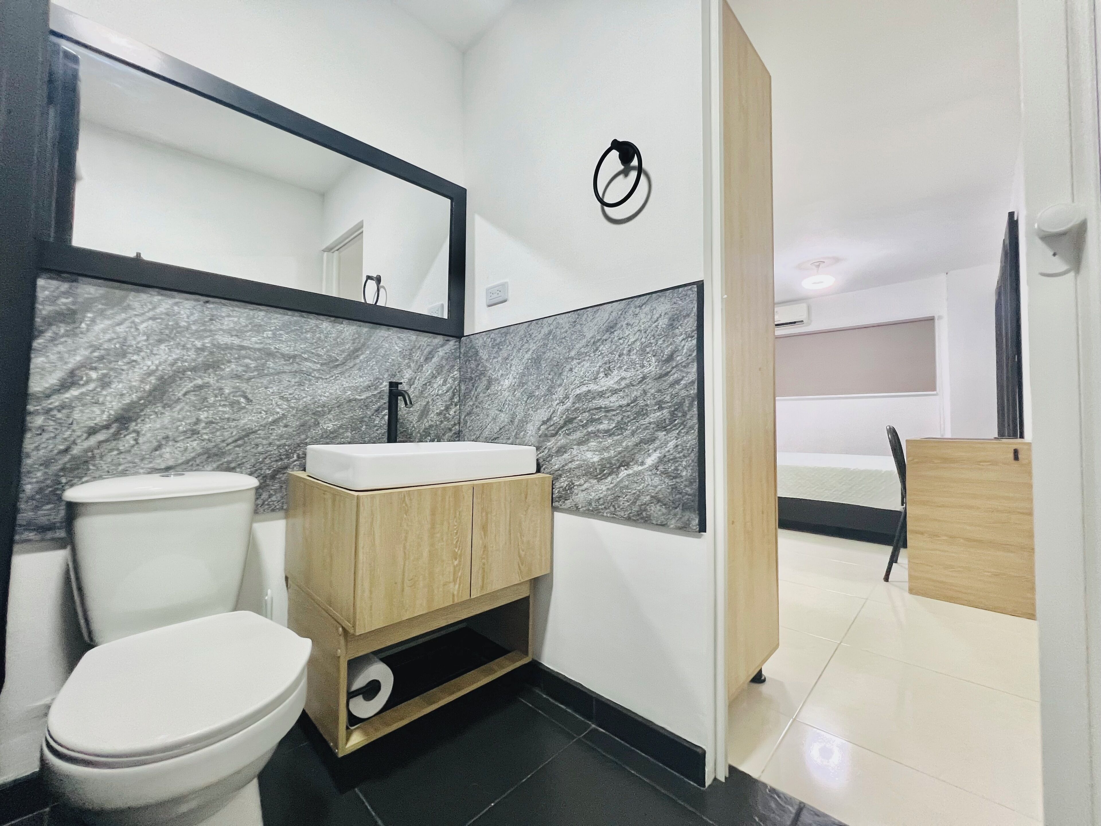 Shower, towels, soap, toilet paper