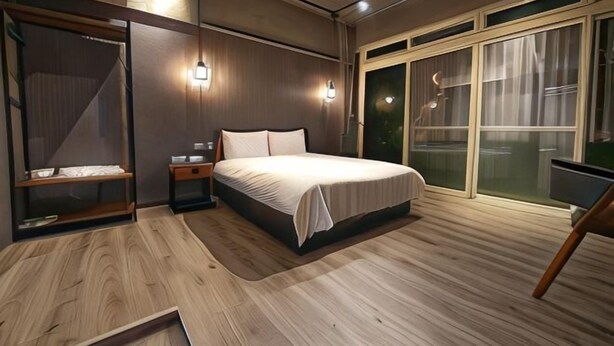 A modern bedroom with a bed, bedside tables, a wardrobe, and a large sliding glass door. - Pure meworld hotel (Taipei)