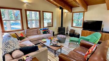 Smart TV, chimenea, libros y estéreo