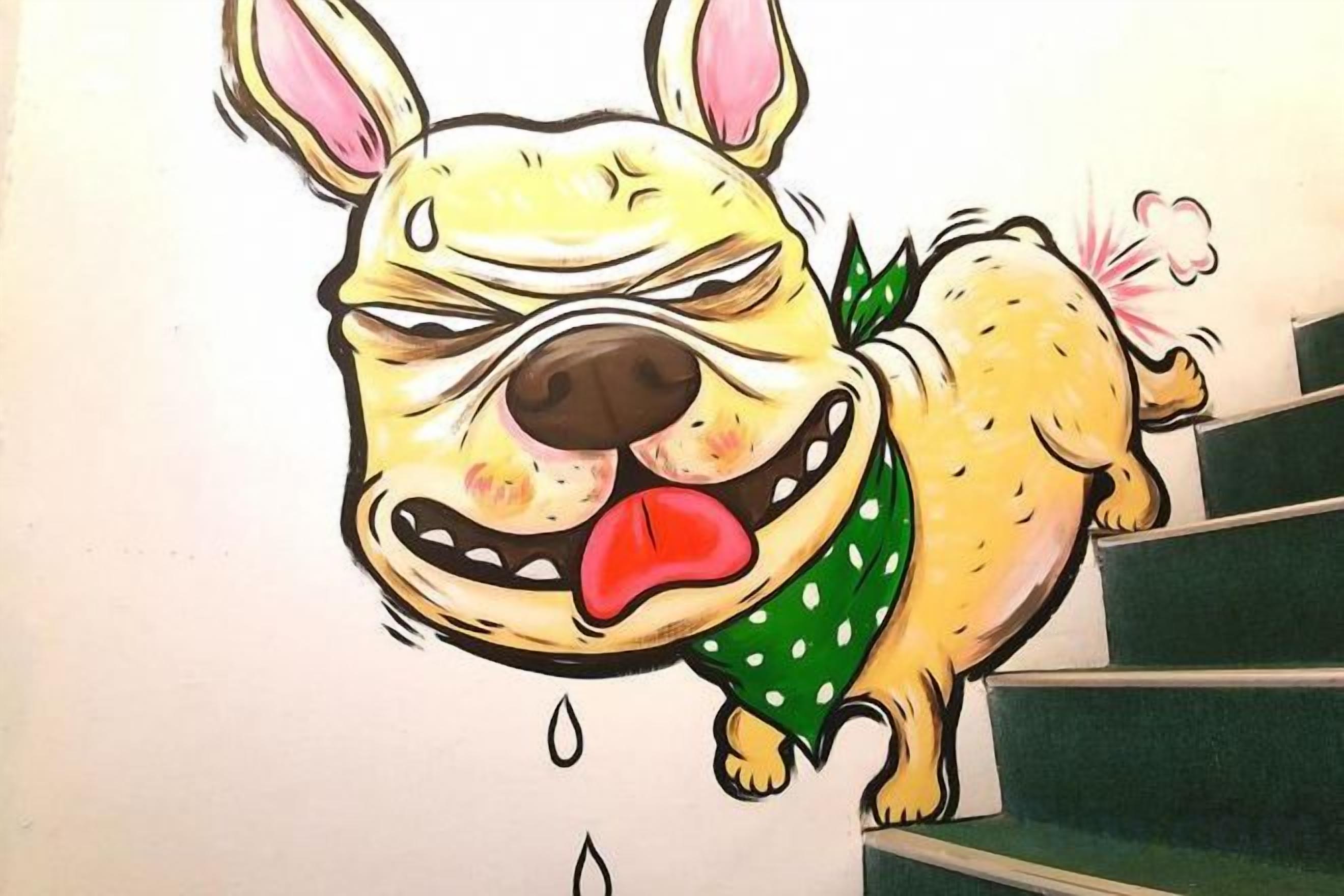 Un perro de caricatura con collar verde de lunares en una escalera.